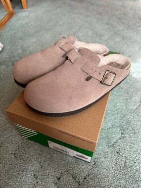 Women’s White Mountain Sherpa-Lined Suede Slip-On Clog with Buckle - Taupe